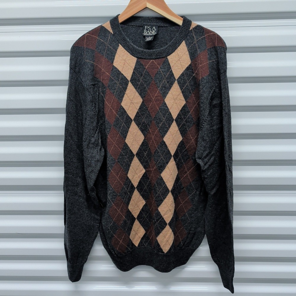 Jos. A. Bank Sweater Large Mens Gray Argyle Lambswool Blend Crew Neck Pullover — photo 2